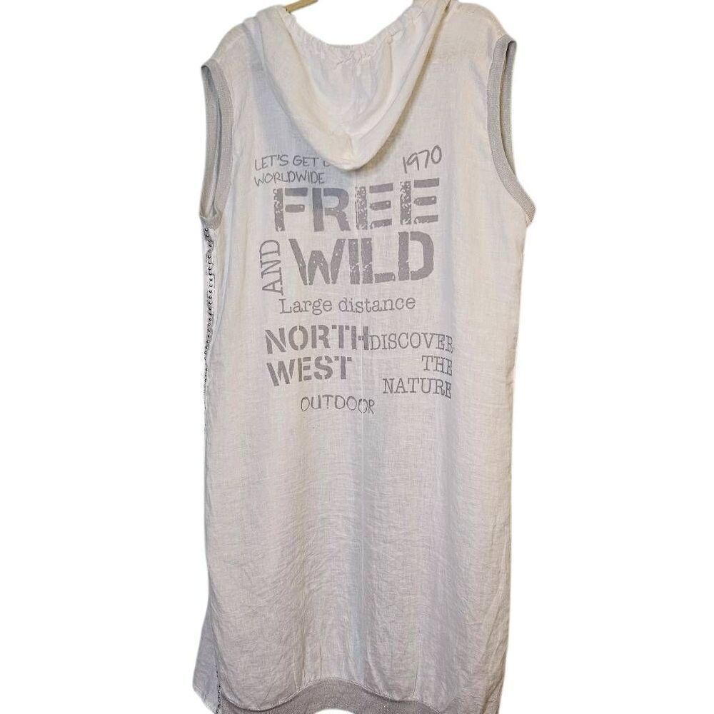 Linen sleeveless long cardigan,  white with silver trim. XL.